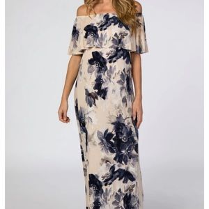 Taupe and navy off the shoulder maternity dress